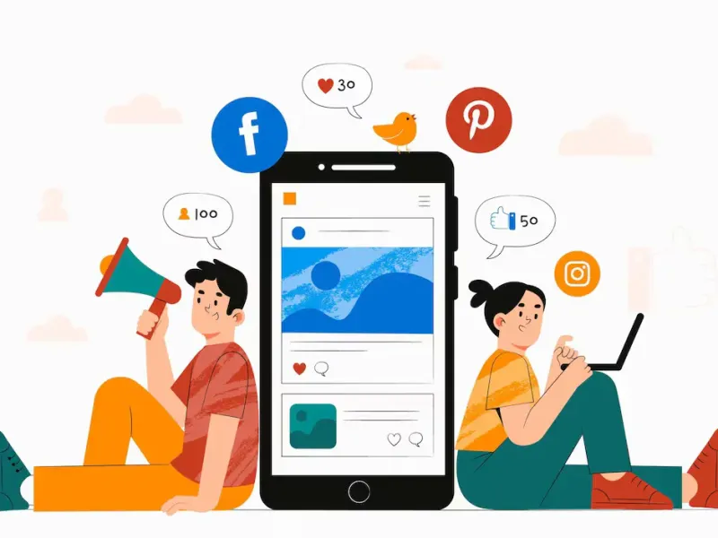 Illustration of social media marketing with likes, followers and platform icons
